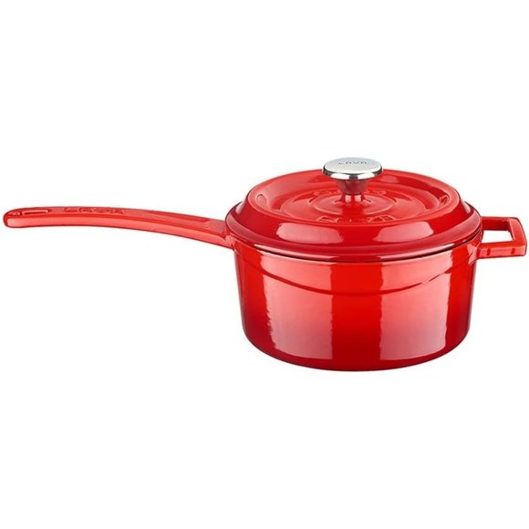 1.5 Red Quarts Round Sauce Pot Long Handle with Lid - Picture 6 of 7